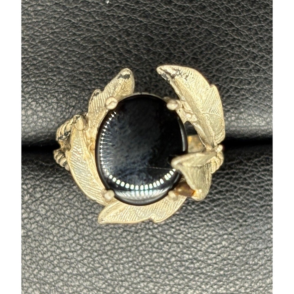 Vintage Sterling Silver Onyx Leaf Ring Size 7.5 H24
